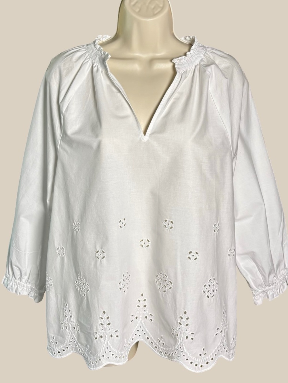 Lands End Eyelet Embroidery White Top Boho Peasant Shirt Split V Neck Scalloped